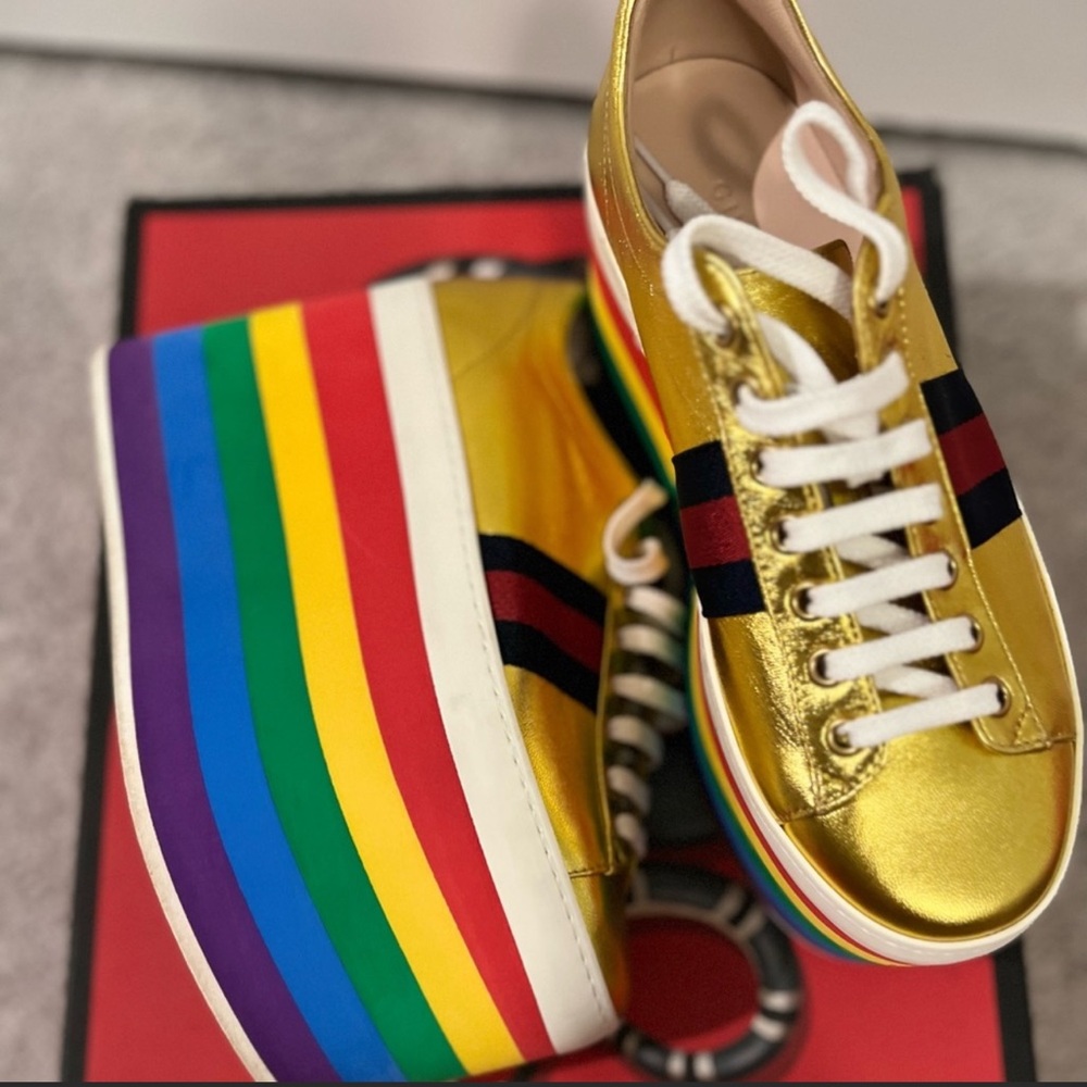 Gucci Peggy Rainbow Metallic Napa Silk Platform Sneakers Gold.